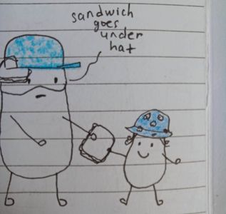 comic of little daddy telling little Arla to put a sandwich under her hat